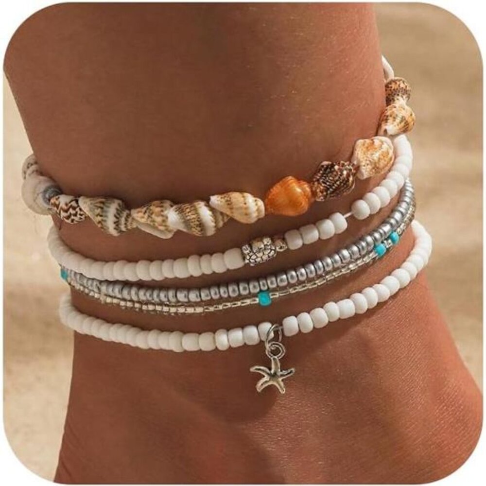 Bead Ankle Bracelets Set For Women, Adjustable Gold Boho Shell Anklet, Hawaiian